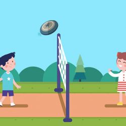 Girl and boy kids playing badminton with shuttle on court in summer park. Happy children playing sport game together having fun. Players cartoon characters. Sport & leisure. Flat style vector isolated illustration